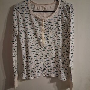 Vtg Y2K Faded Glory Waffle Weave Cottagecore Blue Floral Henley Tee EUC L